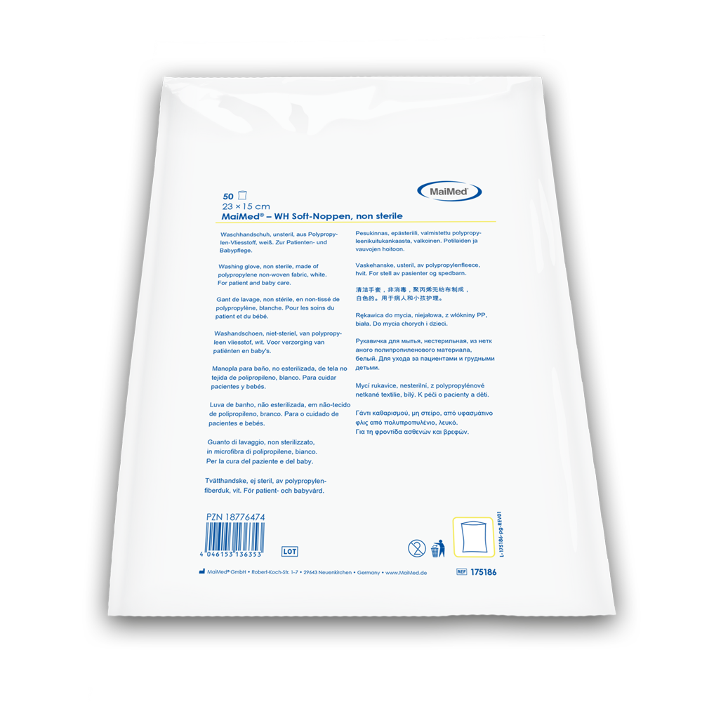 Rękawiczki do mycia MaiMed z miękkimi wypustkami, niesterylne, białe, wykonane z polaru, 50 sztuk w torebce | Opakowanie (50 sztuk)