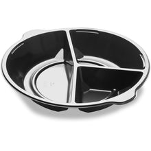 Talerz DF Pearl L3 - 3-częściowy 3 Czarny PP Ø250x42 firmy Duni GmbH ma trzy przegródki, podwyższoną krawędź i błyszczącą powierzchnię. Sprzedawany w opakowaniach po 300 sztuk.