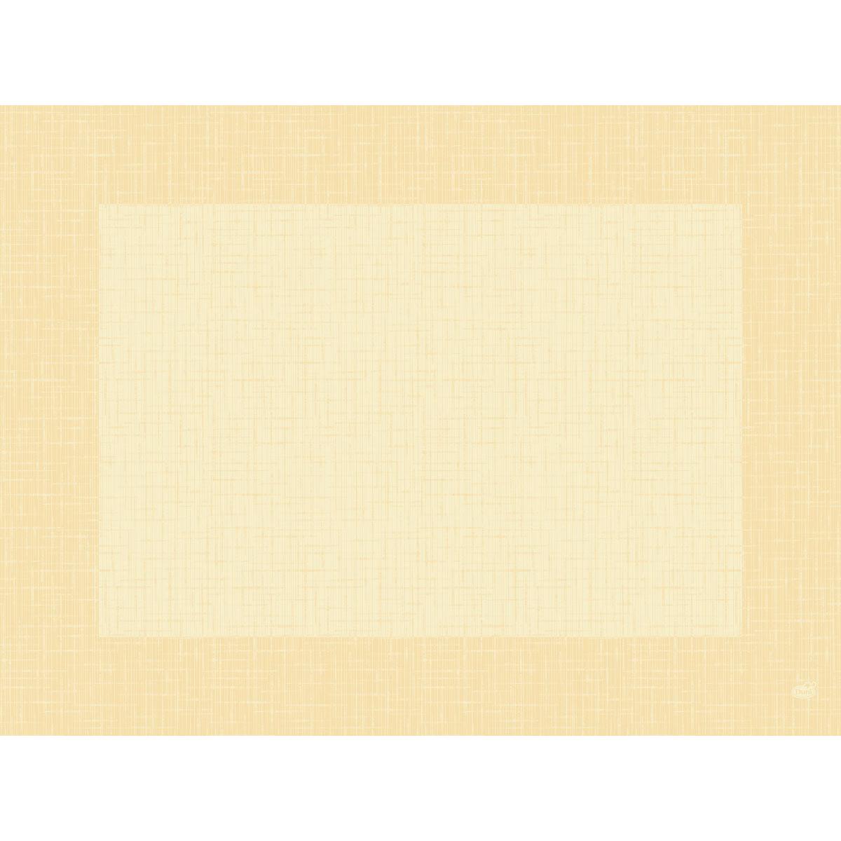 Ein hellgelber und beiger Kreuzschraffur-Hintergrund spiegelt die sanfte, subtile Eleganz der Dunicel-Tischsets 30 x 40 cm Linnea creme (Packung 100 Stück) der Duni GmbH wider, ideal um jeder Tischdekoration einen raffinierten, gerahmten Touch zu verleihen.
