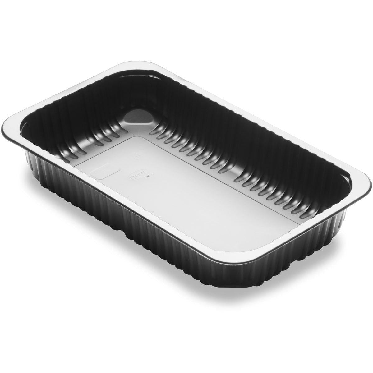 Czarna, prostokątna tacka na jedzenie 1-comp 1 Czarna PP/MIN 260x158x43,7 od Duni GmbH jest pusta, z żebrowanymi bokami i gładkim dnem na białym tle, widziana z lekko podwyższonego kąta. Opakowanie (384 sztuki).