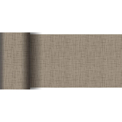 Eine Rolle Dunicel-Tischläufer 20 m x 15 cm der Duni GmbH mit strukturierter beiger Oberfläche und dezentem braunen Kreuzschraffurmuster wird auf weißem Untergrund partiell ausgerollt - ideal für eine elegante Tischdekoration.