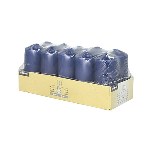 Opakowanie z dziesięcioma świecami Starpak Stumpenkerzen (Ø 40 mm, 90 mm), ułożonymi w dwóch rzędach, owinięte przezroczystą folią i umieszczone na jasnobrązowej tacy z informacjami o produkcie – idealne na wesela lub przytulną atmosferę.