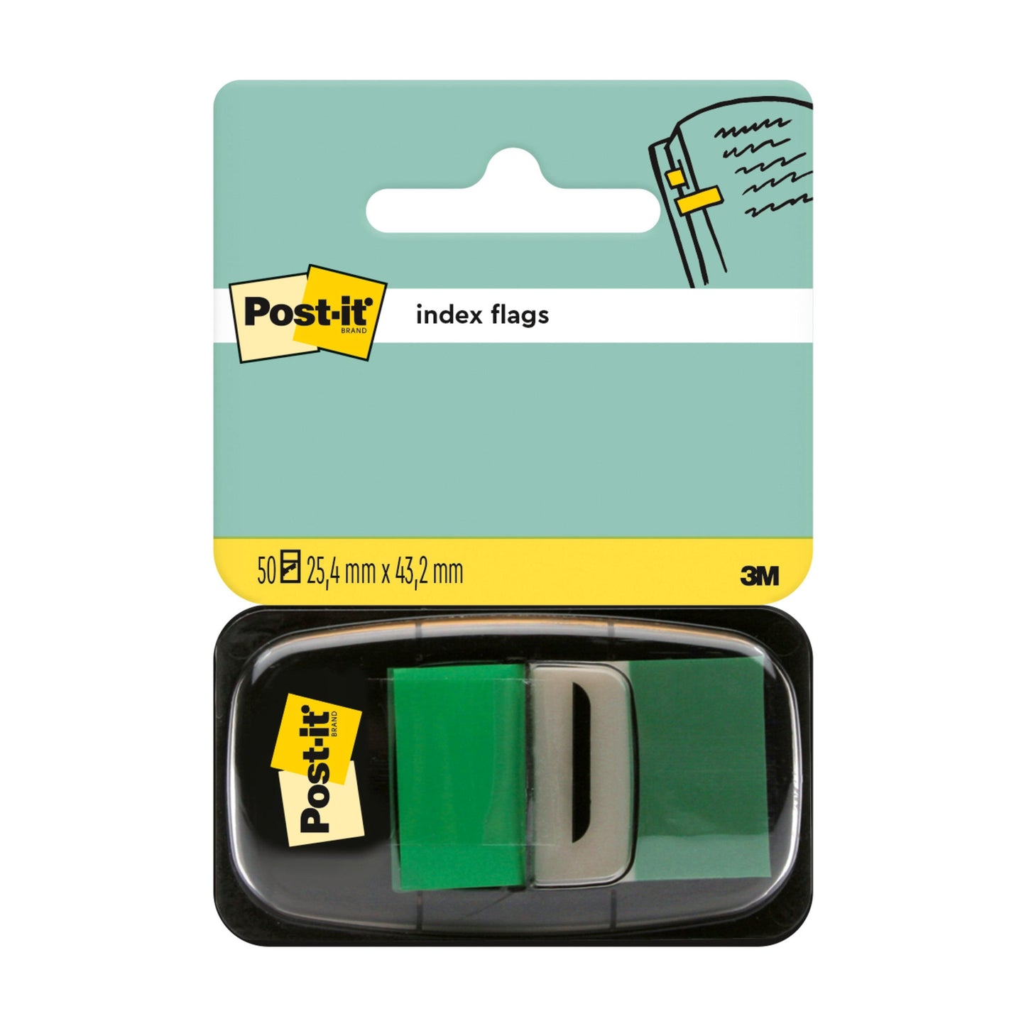 Opakowanie indeksowych pasków samoprzylepnych 3M Deutschland GmbH Post-it®, Standard (25,4 mm x 43,2 mm), zawiera 50 pasków na podajnik. Produkt jest widoczny przez przezroczyste plastikowe okienko w dolnej części opakowania.