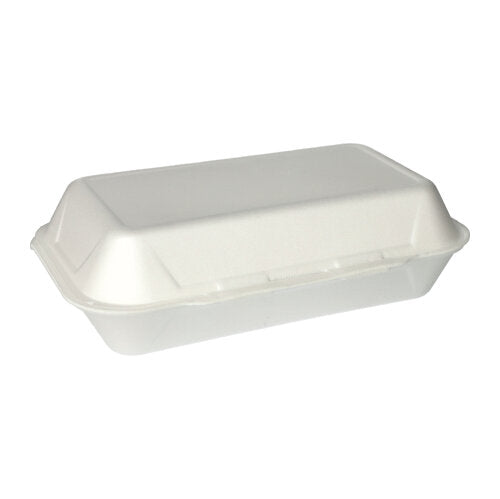 Vor einem schlichten weißen Hintergrund ist eine geschlossene, weiße Starpak 100 Allzweckboxen mit Klappdeckel Take-away-Behälter (XPS, 1800 ml, 7,5 x 24 x 13,3 cm) abgebildet.