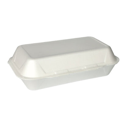 Vor einem schlichten weißen Hintergrund ist eine geschlossene, weiße Starpak 100 Allzweckboxen mit Klappdeckel Take-away-Behälter (XPS, 1800 ml, 7,5 x 24 x 13,3 cm) abgebildet.