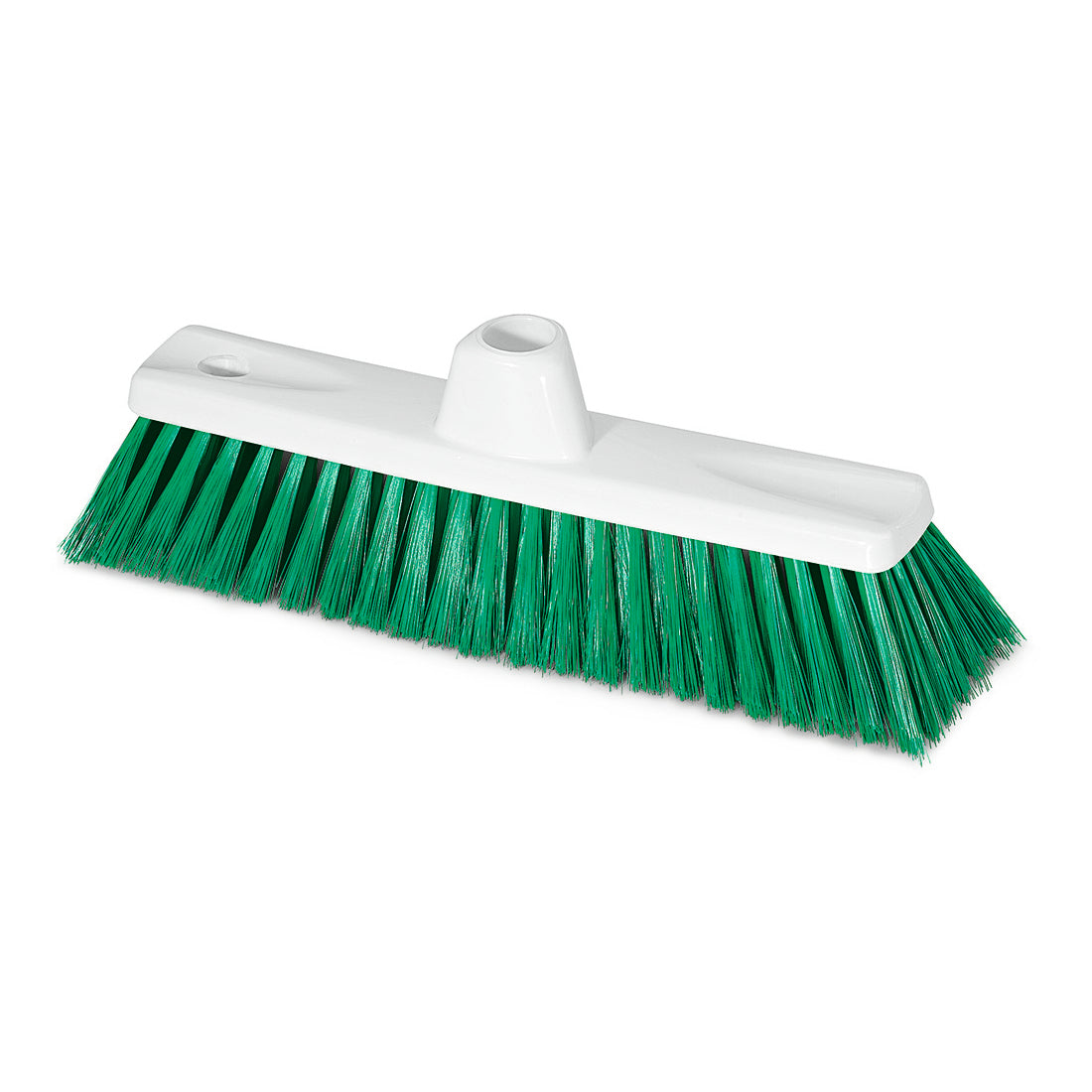 Der Nölle Profi Brush HACCP Feinbesen 30 cm von Nölle Profi Brush Bürsten- & Pinseltechnik e.K. ist ein weißer Kunststoffbesen mit grünen Kunststoffborsten, abgebildet ohne Stiel auf weißem Grund.