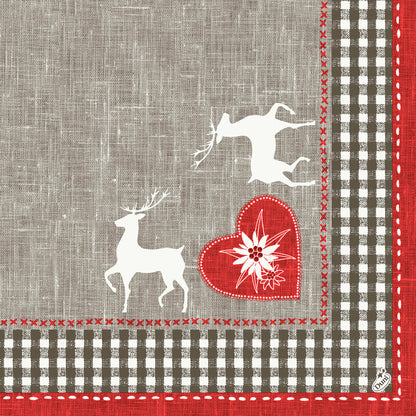 Ein Stoffdessin mit zwei weißen Hirschen, einem roten Herz mit Blume und braun-weißer Gingham-Bordüre - ein Muster in Leinenoptik, perfekt für Dunisoft-Servietten 40 x 40 cm 1/4 Falz der Duni GmbH.