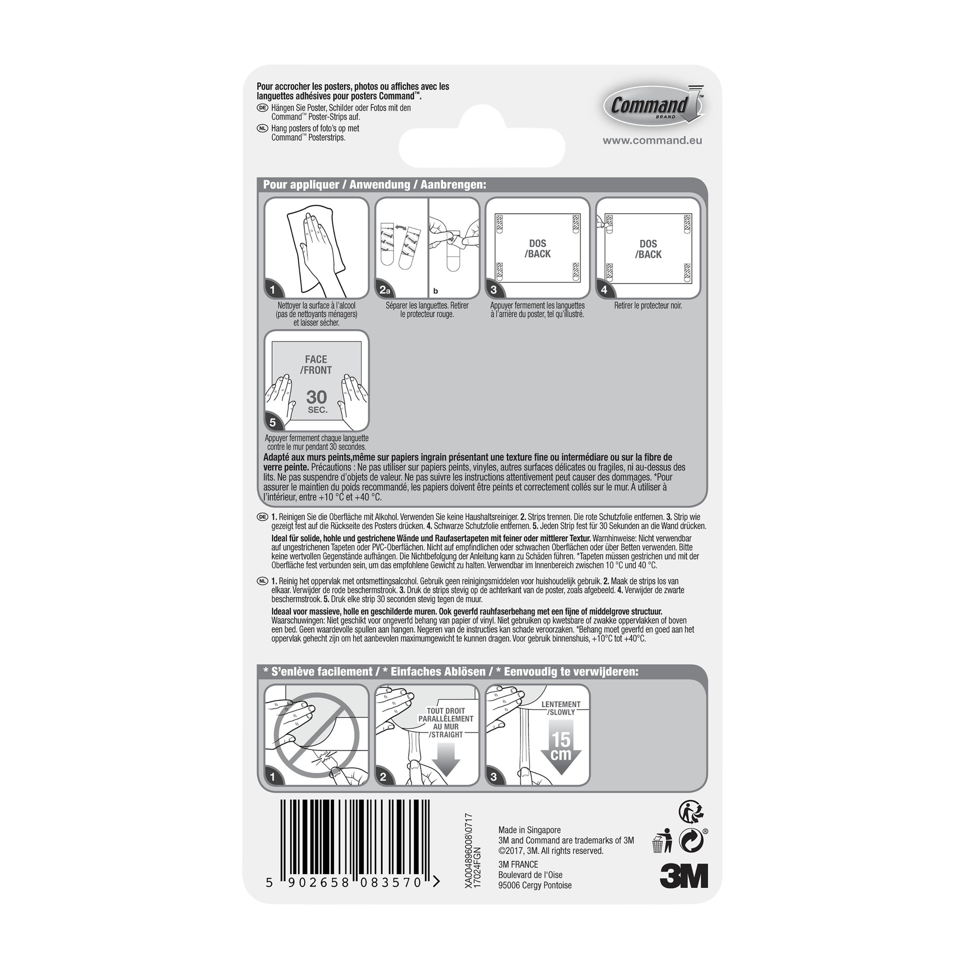 Die Rückseite einer Command™ Poster-Strips 17024 | Packung (1 Stück) Verpackung zeigt eine bebilderte Anleitung zum Anbringen und Entfernen von Klebestreifen, mit mehrsprachigem Text und dem Branding der 3M Deutschland GmbH und Command.