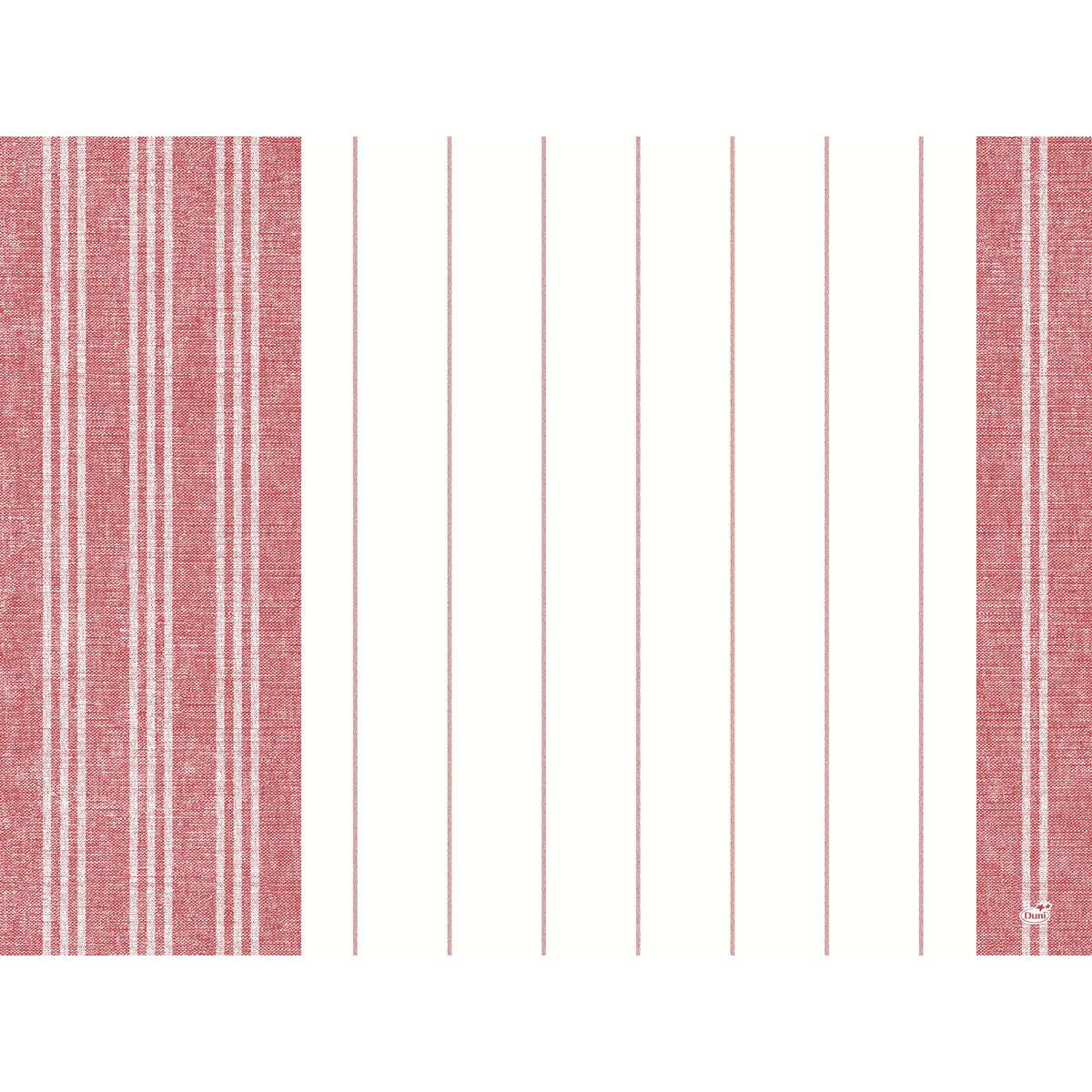 Dunicel podkładki na stół 30 x 40 cm ręcznik czerwony od Duni GmbH (opakowanie 100 sztuk) to stylowy wybór na Twój stół z dwoma szerokimi czerwonymi i białymi pionowymi pasami po bokach oraz cienkimi czerwonymi liniami na białym środku.