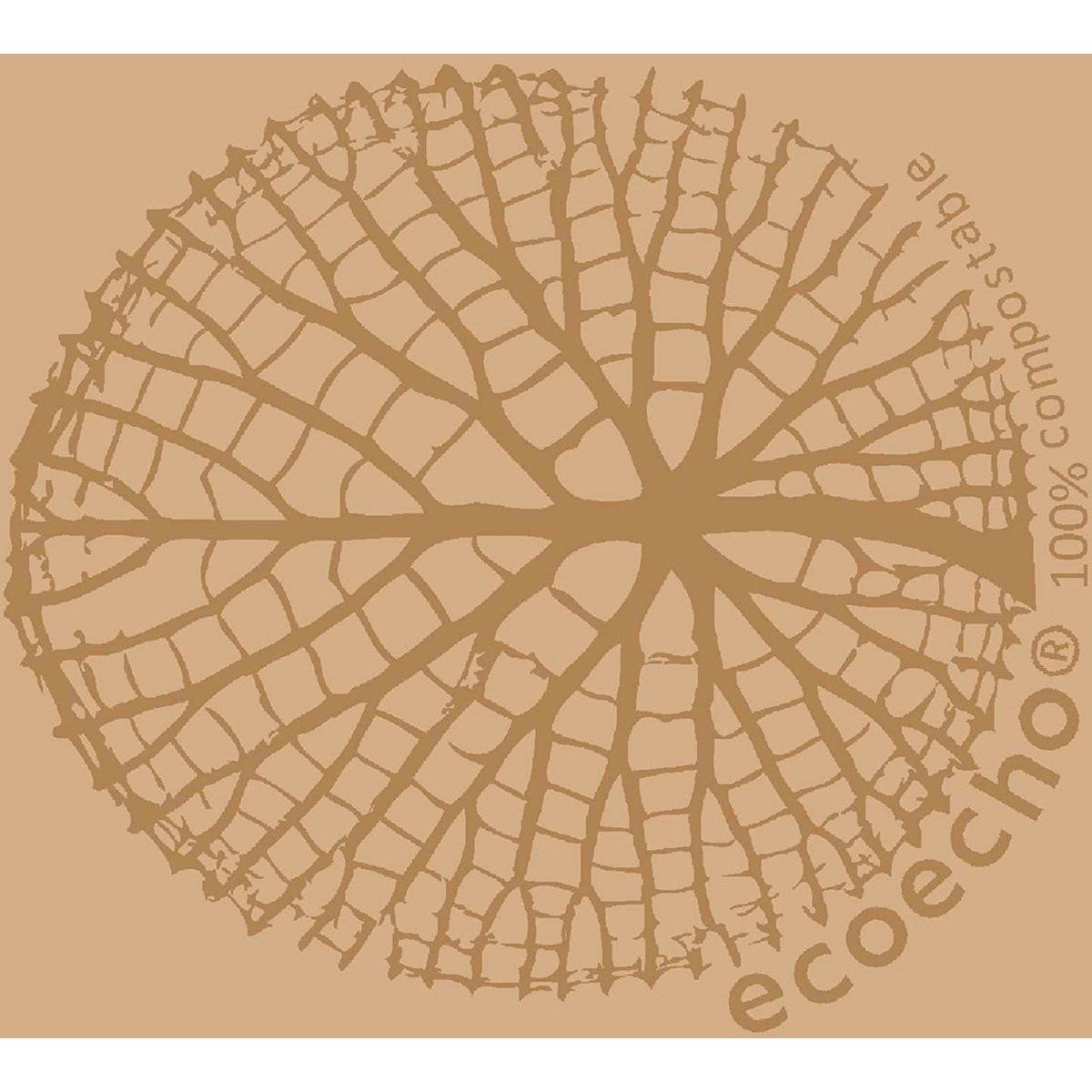 Stylizowany, okrągły wzór liści zdobi jasnobrązowe serwetki z włókniny Duni GmbH o wymiarach 33 x 33 cm, 3-warstwowe. "Ecoecho® 100% kompostowalne" w brązowym napisie wyróżnia te biodegradowalne eko-serwetki (50 sztuk).