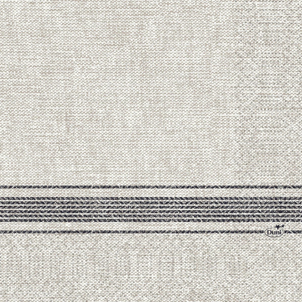 Serwetki z bibuły 33 x 33 cm, 3-warstwowe, 1/4 złożenia Cocina czarne od Duni GmbH mają teksturowany beżowy materiał z poziomymi ciemnoszarymi paskami w dolnej części i nadrukiem "Duni" w paskowanym obszarze. Opakowanie zawiera 250 sztuk.
