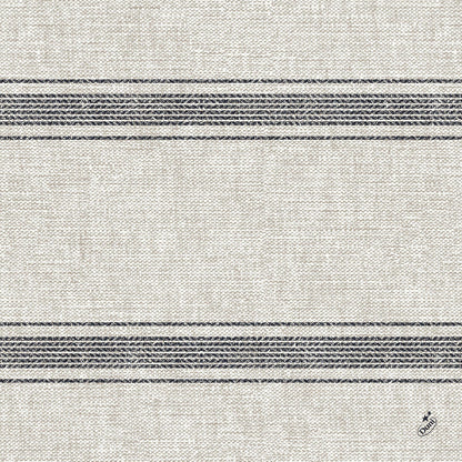 Die Duni GmbH Klassikservietten 40 x 40 cm 4-lagig, geprägt 1/4 Falz ist eine beigefarbene Serviette mit einer gewebten Struktur, zwei Sets von drei dunkelgrauen Streifen und einem kleinen Logo in der rechten unteren Ecke.