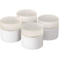 Cztery identyczne białe plastikowe pojemniki z matowymi pokrywkami są ułożone na jednolitym tle i przypominają kolorowe światło zestawu zamiennego Duni GmbH LED Mini, Multicolour - Kolorowe akcenty świetlne do domu | 1 sztuka.