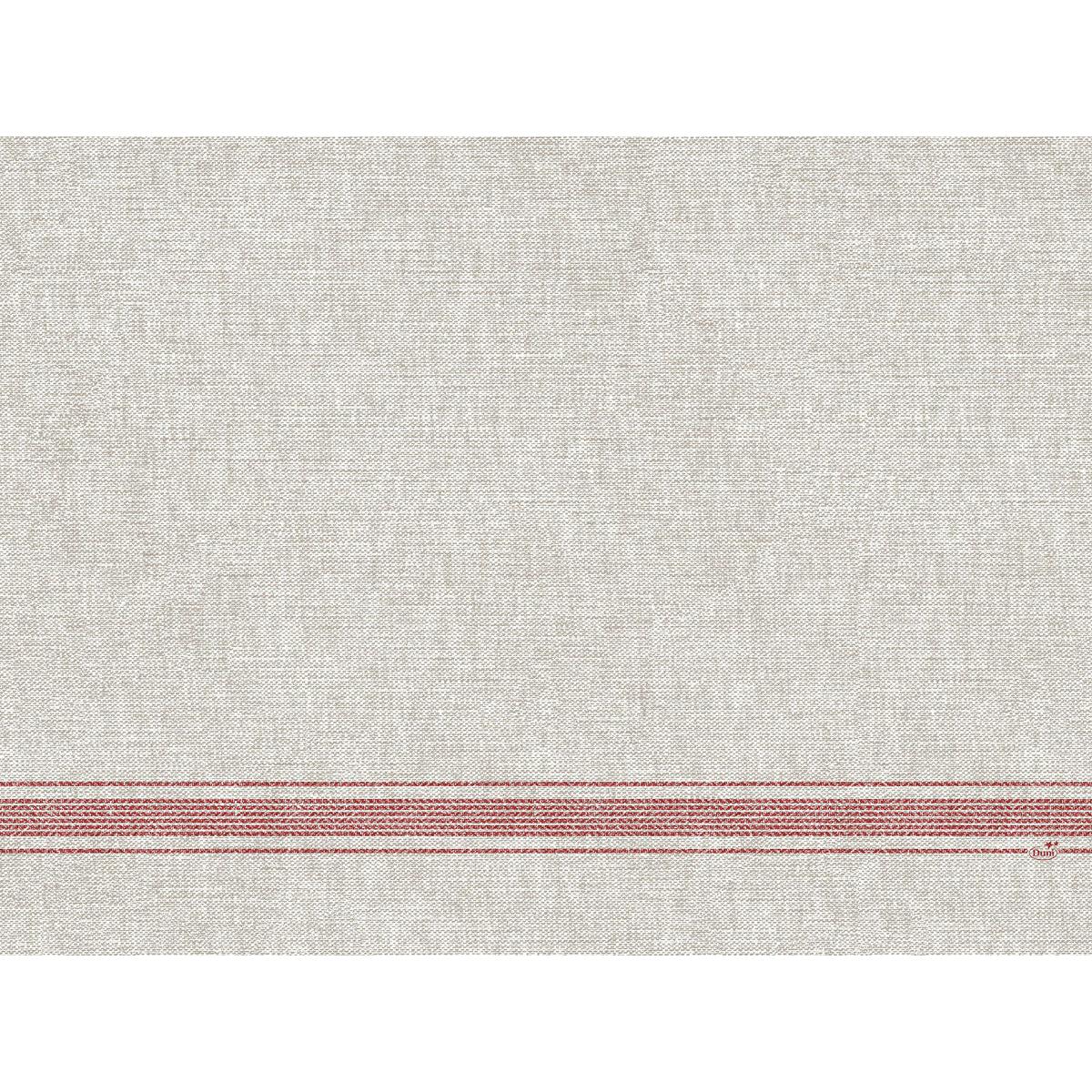 Podkładki stołowe Dunicel 30 x 40 cm Cocina bordeaux firmy Duni GmbH mają jasnobeżową tkaninę strukturalną z trzema równomiernie rozmieszczonymi czerwonymi paskami w dolnej części i naturalny wygląd tkaniny. Sprzedawane w opakowaniach po 100 sztuk.