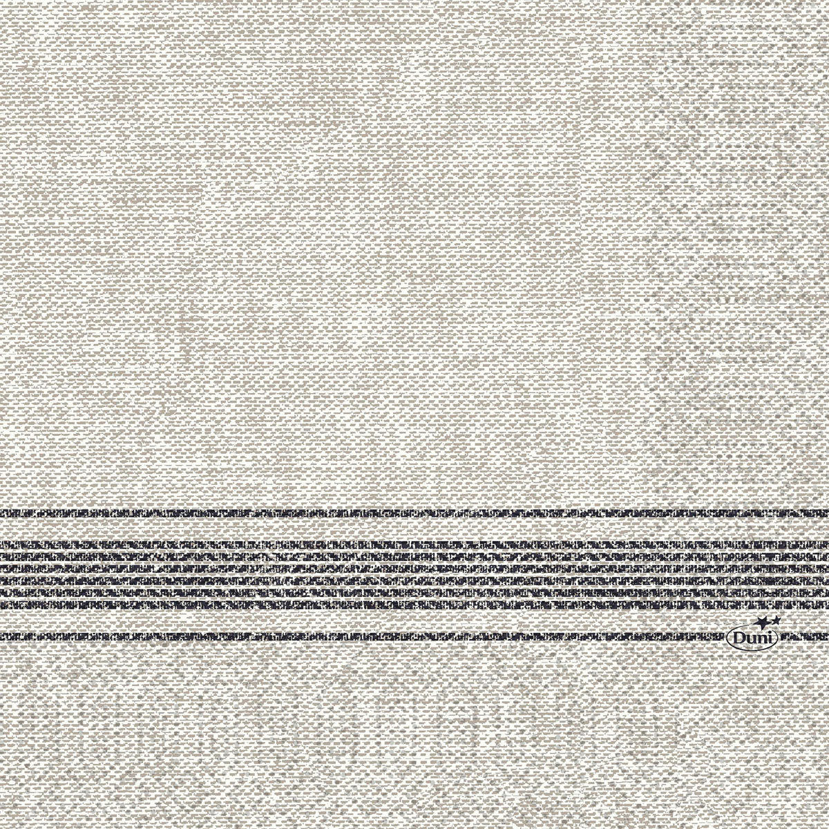 Dreilagige Zelltuchservietten 33 x 33 cm der Duni GmbH in schwarz mit zwei horizontalen dunkelgrauen Streifen im unteren Bereich und einem kleinen "Duni"-Logo im rechten Streifenbereich. Packung mit 50 Stück.