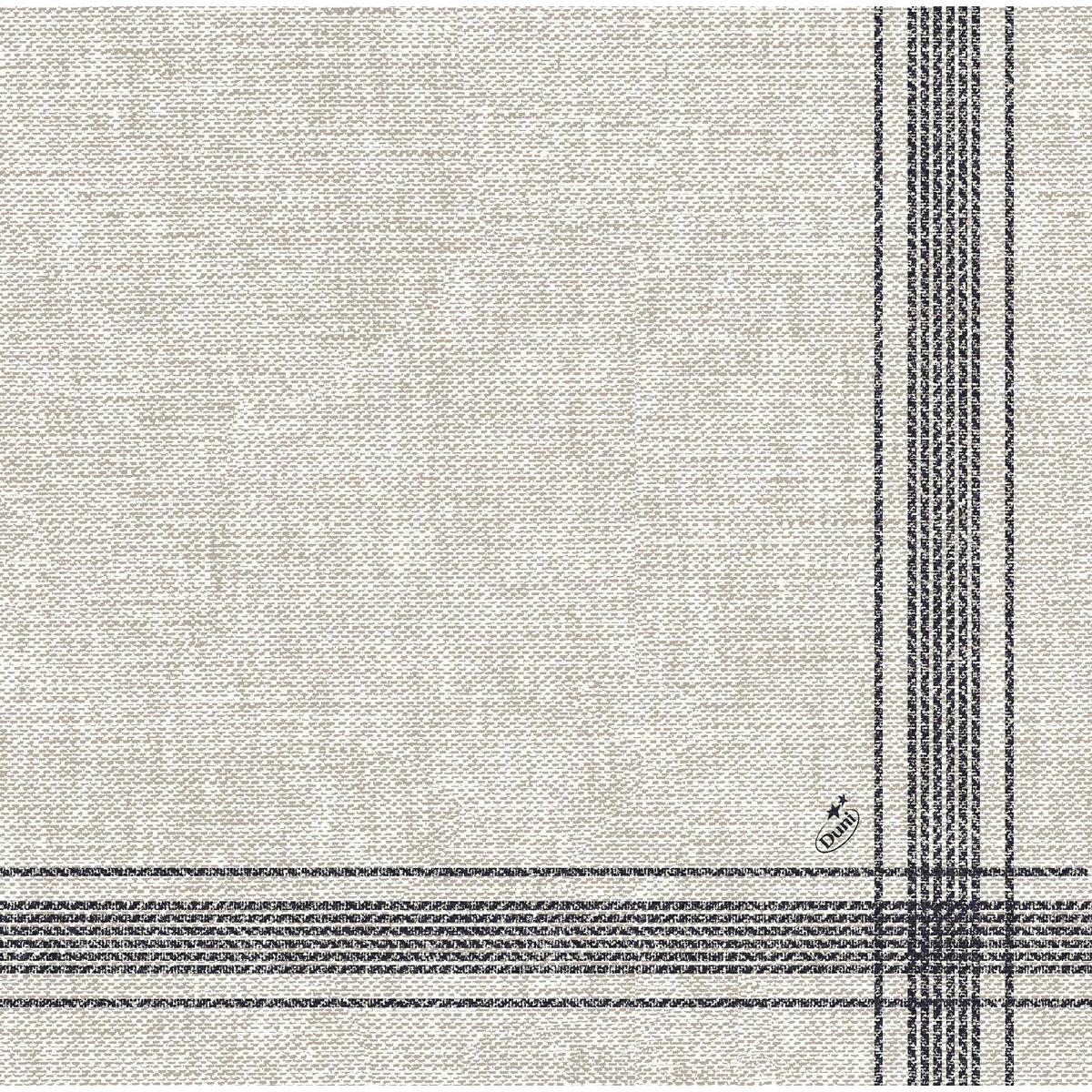 Beżowe serwetki Dunilin 40 x 40 cm 1/4 złożone Duni GmbH są wykonane z wysokiej jakości tkaniny z tkanym wzorem i przecinającymi się czarnymi liniami kratkowymi w jednym rogu - idealne do eleganckich wnętrz.