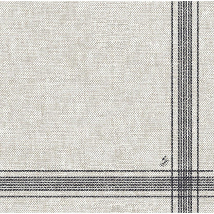 Beżowe serwetki Dunilin 40 x 40 cm 1/4 złożone Duni GmbH są wykonane z wysokiej jakości tkaniny z tkanym wzorem i przecinającymi się czarnymi liniami kratkowymi w jednym rogu - idealne do eleganckich wnętrz.