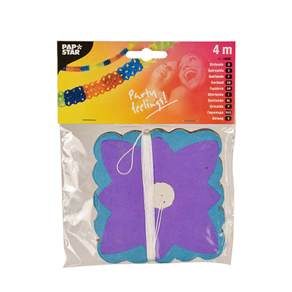 Girlanda z papieru PAPSTAR (Ø 11,5 cm, 4 m) od PAPSTAR GmbH to świąteczna dekoracja w przezroczystej plastikowej torbie. Opakowanie pokazuje świętujących ludzi i podkreśla jaskrawo kolorowy design oraz długość 4 metrów.