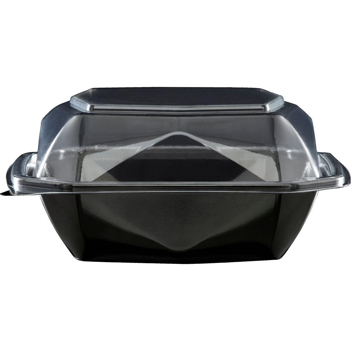 Pojemnik na żywność Octaview® S firmy Duni GmbH (APET 150x150x70, Czarny/Przezroczysty) jest przedstawiony zamknięty i pusty, z czarnym dnem i przezroczystą pokrywką na zawiasach dla dobrej widoczności zawartości. Rozmiar opakowania: 400 sztuk.