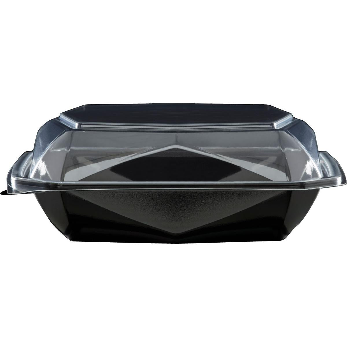 Abgebildet ist ein leerer Octaview® M Schwarz / Transparent APET 185x185x70 Takeout-Behälter der Duni GmbH mit klarem aufgesetzten Deckel auf weißem Hintergrund. Der sicher befestigte Deckel unterstreicht die Verwendung als Lebensmittelverpackung.