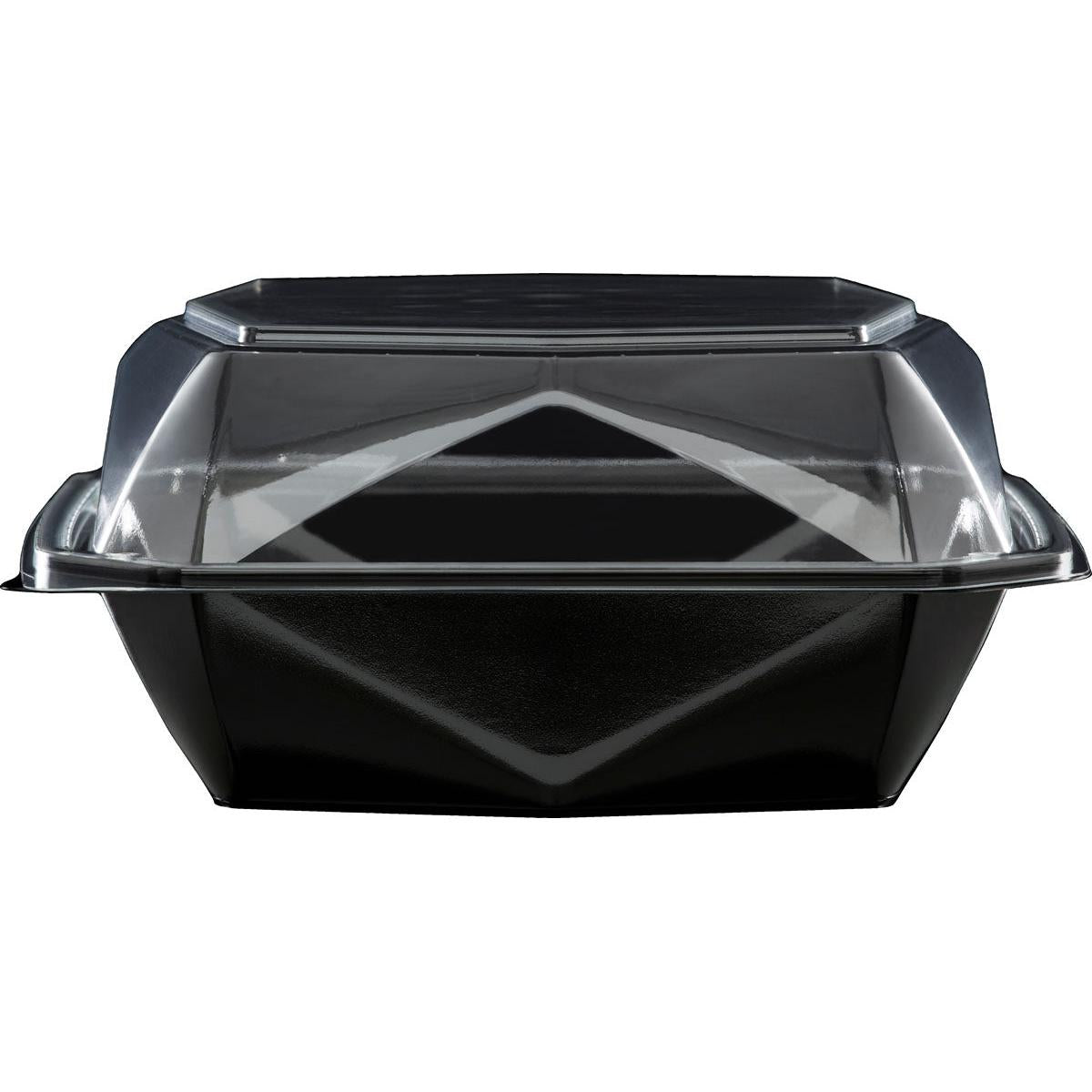 Pojemnik na wynos Octaview® M+ czarny/przezroczysty APET 185x185x90 firmy Duni GmbH jest pokazany zamknięty, widziany od przodu, na białym tle - idealne przezroczyste rozwiązanie opakowaniowe do prezentacji żywności.