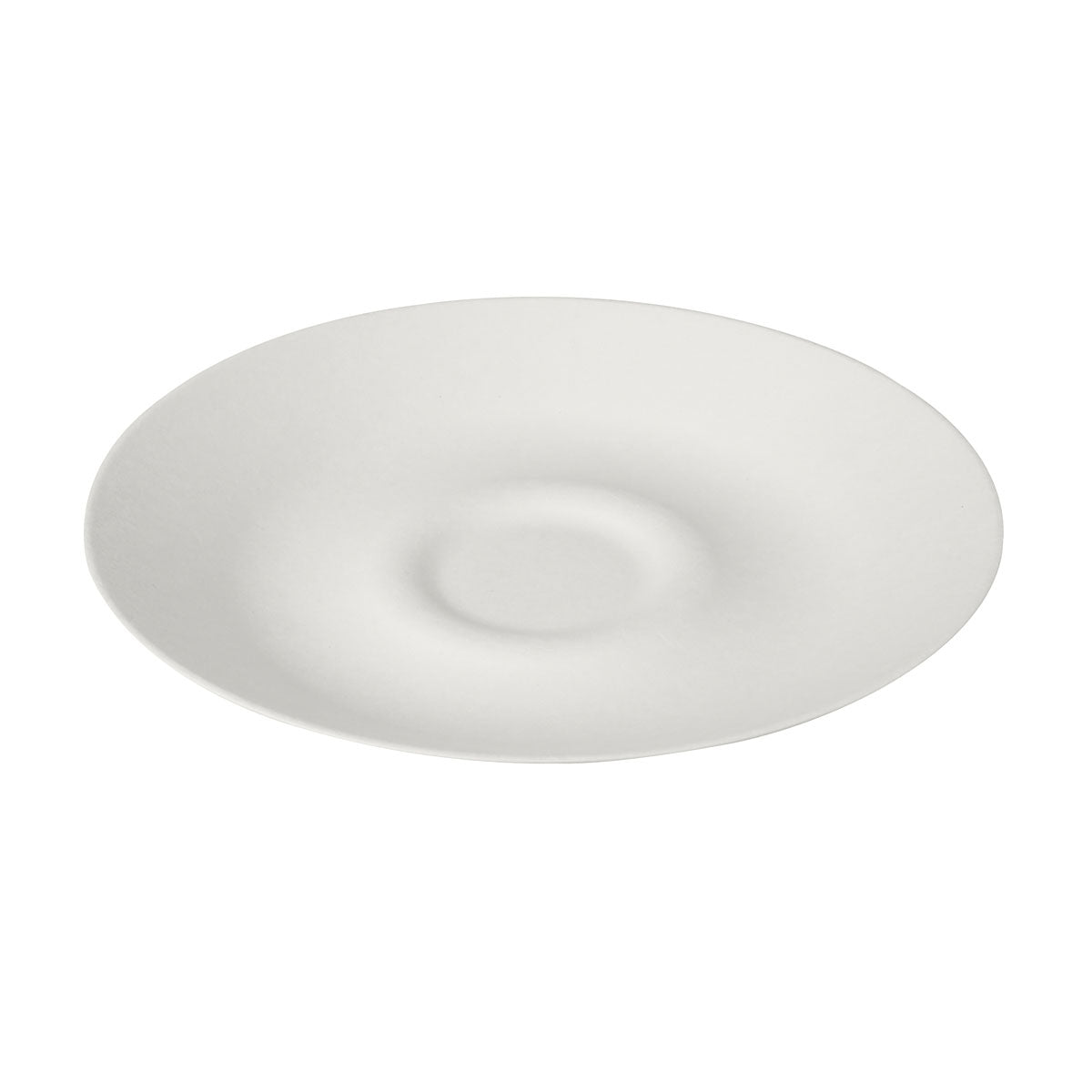 Biały talerz z bagassy o średnicy 27 cm od Duni GmbH, opakowanie (25 sztuk), wykonany z przyjaznej dla środowiska, biodegradowalnej bagassy, z okrągłym zagłębieniem w środku, sfotografowany na białym tle.