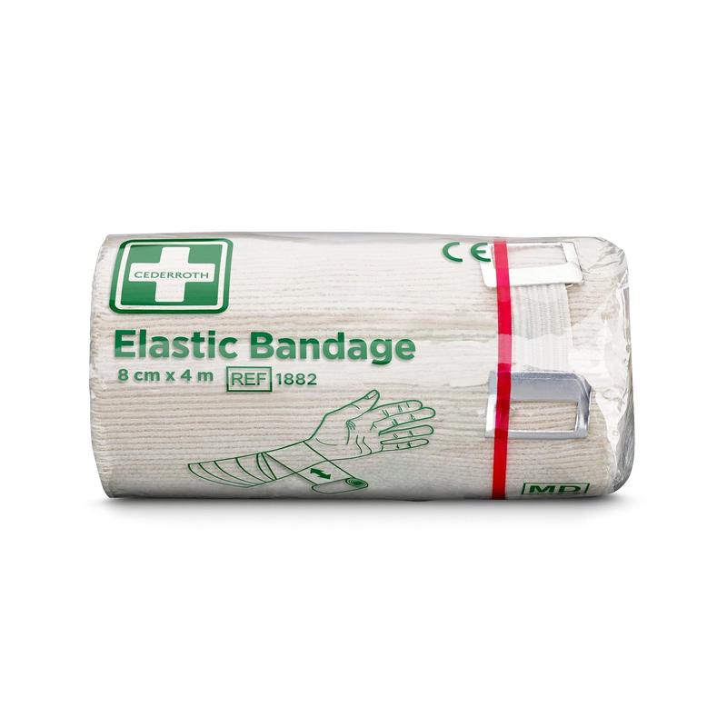 Eine Rolle Orkla Wound Care AB Elastische Binde 8 cm x ca. 4 m mit Clip (1 Stück) wird in einer durchsichtigen Verpackung mit einem grün-weißen Etikett geliefert, das zeigt, wie die Binde an einem Arm angelegt wird.