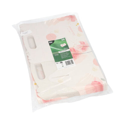 Eine transparente Packung enthält 20 PAPSTAR Gebäck-Kartons, eckig rosé mit Tragegriff. Die weißen Kartons sind mit rosa und pfirsichfarbenen Blumenmotiven bedruckt und sorgen so für eine elegante Präsentation. Auf der Vorderseite befindet sich ein grünes Etikett der PAPSTAR GmbH.