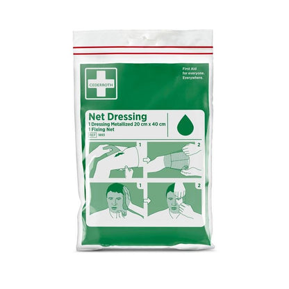 Zielono-białe "Cederroth Netzverband | Packung (1 Stück)" firmy Orkla Wound Care AB (20 x 40 cm) przedstawia ilustrowane instrukcje opieki nad ranami dla ramienia i ręki, z hasłem "Pierwsza pomoc dla wszystkich. Wszędzie.