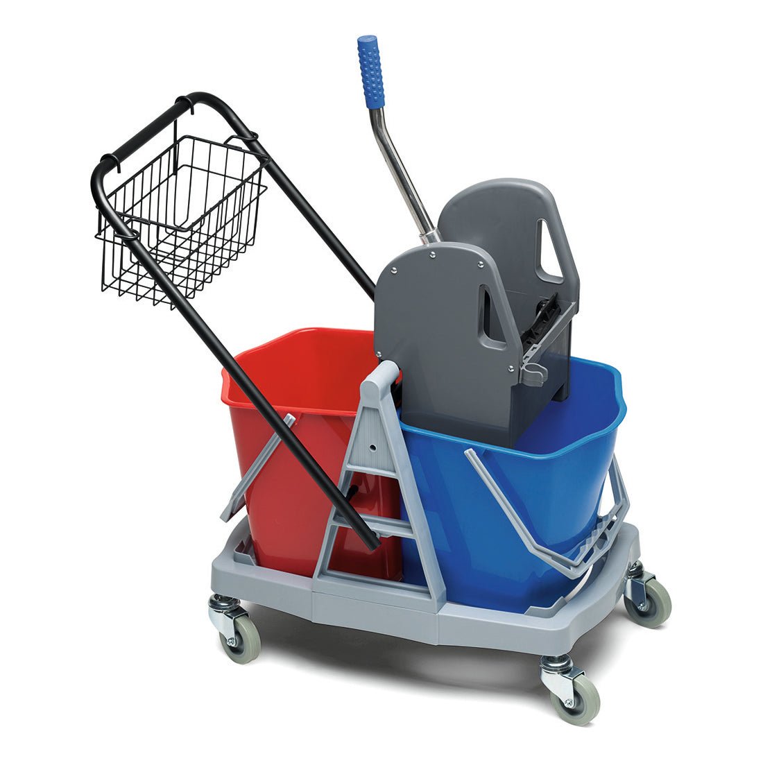 Wózek do czyszczenia Nölle Profi Brush Double od Nölle Profi Brush Bürsten- & Pinseltechnik e.K. posiada dwa czerwone i niebieskie wiadra o pojemności 15 l każde, metalowy uchwyt do wyciskania, podwozie na kółkach oraz czarny kosz z drutu do efektywnego czyszczenia.