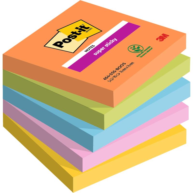 Stos sześciu karteczek Post-it® Super Sticky Notes o wymiarach 76x76 mm, po 90 arkuszy na bloczek, w kolorach pomarańczowym, zielonym, niebieskim, żółtym, różowym i fioletowym od 3M Deutschland GmbH; każdy bloczek jest w 100% certyfikowany przez PEFC.