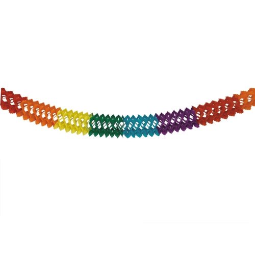 Girlanda PAPSTAR "Rainbow" (papier, Ø 16 cm, długość 6 m) firmy PAPSTAR GmbH prezentuje żywy wzór w romby w kolorach tęczy - idealna jako efektowna dekoracja na prostym białym tle.