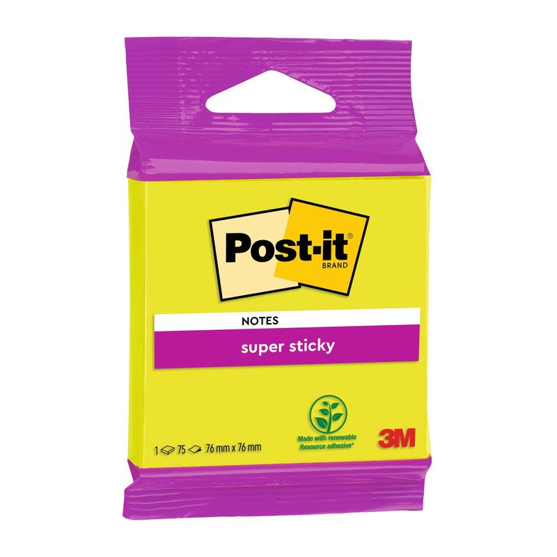 Opakowanie Post-it® Super Sticky Notes 6820S3 (76 x 76 mm, neonowa zieleń, neonowy róż, ultrajaskrawy żółty, ultrajaskrawy zielony, ultrajaskrawy różowy), 1 blok z 75 kartkami od 3M Deutschland GmbH. Wykonane z papieru certyfikowanego w 100% przez PEFC.