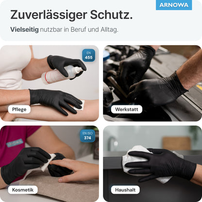 Vier Fotos zeigen Hände, die ARNOMED LATEX BLACK puderfreie Einmalhandschuhe aus Latex in Schwarz (von ARNOWA GmbH) für Pflege, Werkstatt, Kosmetik und Haushalt tragen - der deutsche Text hebt ihre Vielseitigkeit hervor.