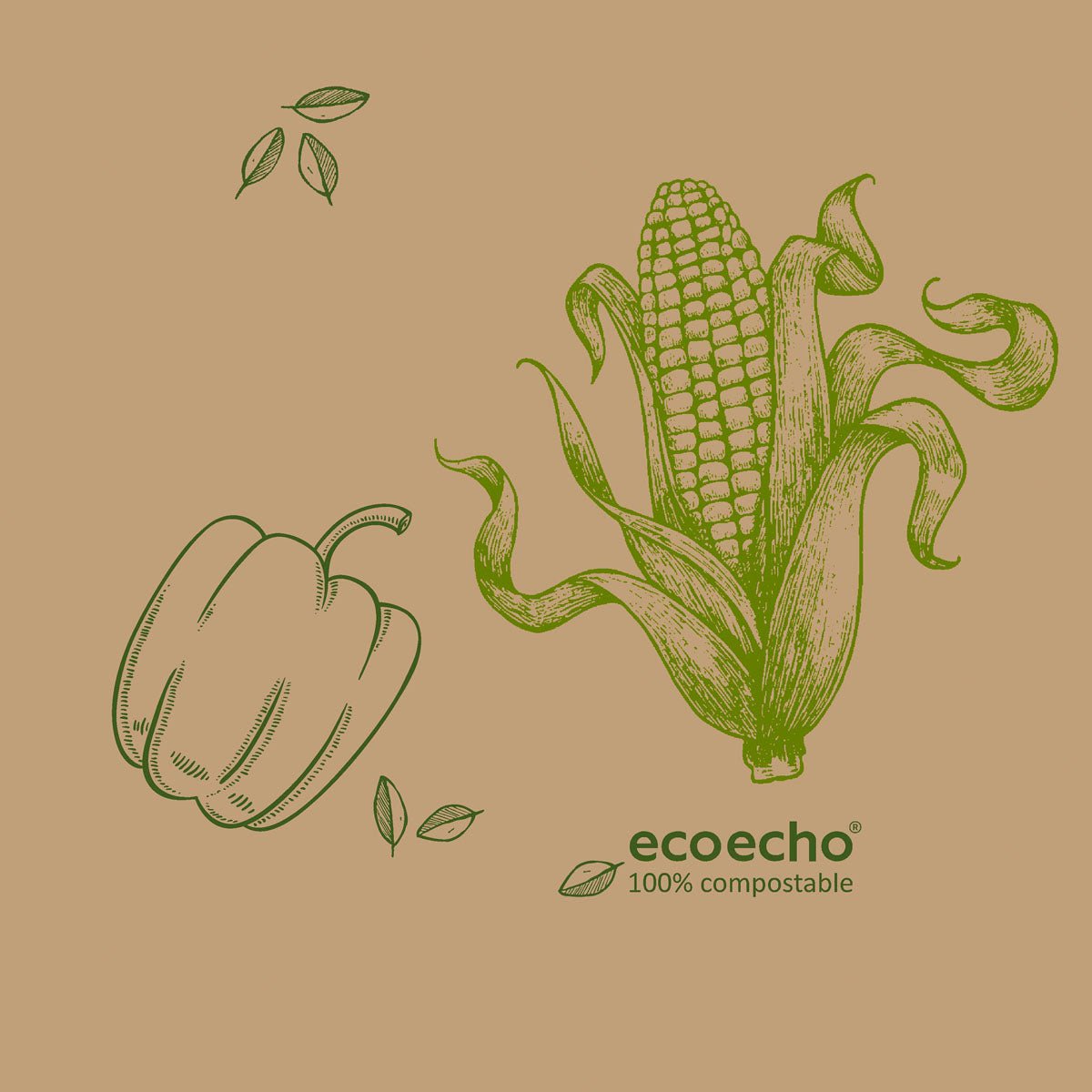 Zielone rysunki konturowe papryki, kłosa z łupiną i liśćmi tworzą wzór Veggies na serwetkach z włókniny Duni GmbH 33 x 33 cm, 3-warstwowe. Na jasnobrązowych serwetkach widnieje napis "ecoecho 100% kompostowalne". Opakowanie (50 sztuk).