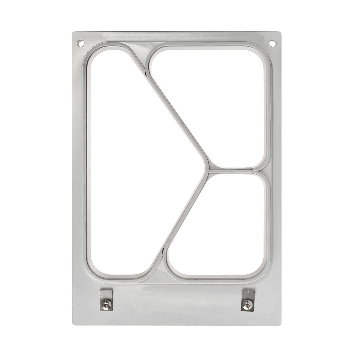 Kaseta DF10/20 3-comp firmy Duni GmbH to prostokątna metalowa rama z zaokrąglonymi krawędziami i krzyżującymi się belkami, zaprojektowana dla Fibretray Caterline 500/250/190 ml, wyposażona w dwie śruby denka i cztery otwory narożne do łatwego montażu.