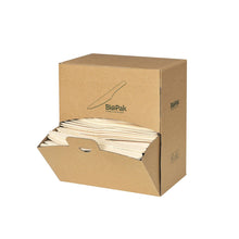 Proste brązowe pudełko "Duni GmbH" z napisem "Holz Messer 165mm, Spenderbox Natural gewachst 165 | Packung (400 Stück)" jest otwarte z przodu i pokazuje stos przyjaznych dla środowiska, biodegradowalnych drewnianych noży. Na bokach znajdują się minimalne teksty i symbole.