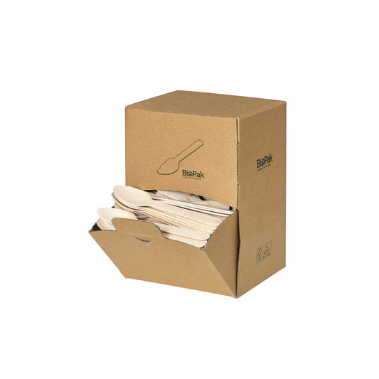 Eine Spenderbox aus Karton mit der Aufschrift "Duni GmbH" enthält 400 Natural gewachst Holz Kaffeelöffel (110 mm). Die Vorderseite ist teilweise geöffnet und zeigt gestapelte biologisch abbaubare Holzkaffeelöffel im Inneren.