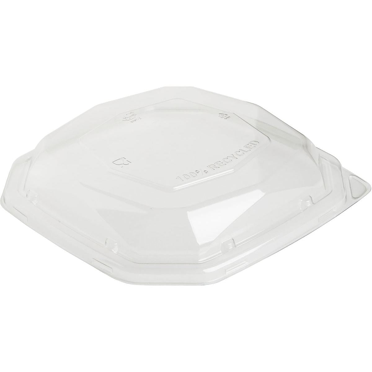 Pokrywka Duni GmbH rPet Octabagasse 1000 ml Transparent rPET 233x233x44 charakteryzuje się wypukłym środkiem, skośnymi krawędziami, symbolami recyklingu oraz wytłoczeniem "100% RECYCLED" na powierzchni. Dostępna w opakowaniach po 50 sztuk.