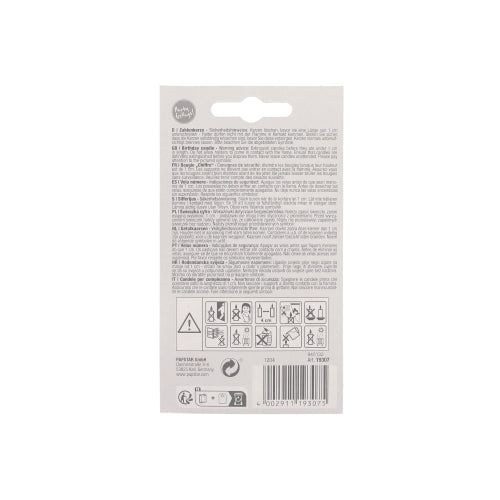 Zahlenkerze PAPSTAR 7,3 cm biała z czerwonym brzegiem od PAPSTAR GmbH dostarczana w opakowaniu z wielojęzyczną instrukcją, symbolami bezpieczeństwa, kodem kreskowym, symbolami recyklingu i zawieszką – idealna na jubileusze i urodziny.