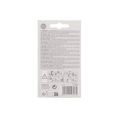 Zahlenkerze PAPSTAR 7,3 cm biała z czerwonym brzegiem od PAPSTAR GmbH dostarczana w opakowaniu z wielojęzyczną instrukcją, symbolami bezpieczeństwa, kodem kreskowym, symbolami recyklingu i zawieszką – idealna na jubileusze i urodziny.