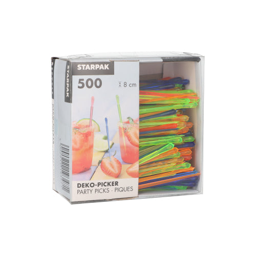 Pudełko "PAPSTAR wykałaczki 'Drop' 8 cm, kolorowe, sortowane na imprezy" firmy PAPSTAR GmbH zawiera 500 kolorowych wykałaczek imprezowych w tekturowej misce - idealne do dekoracji napojów i przekąsek na każdą uroczystość.