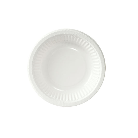 Ein schlichter weißer Duni GmbH Suppenteller ø 18 cm (300 ml, Pappe, Packung 50 Stück) ist von oben auf weißem Hintergrund abgebildet. Der umweltfreundliche Pappteller zeichnet sich durch eine schlichte, geriffelte Randgestaltung aus.