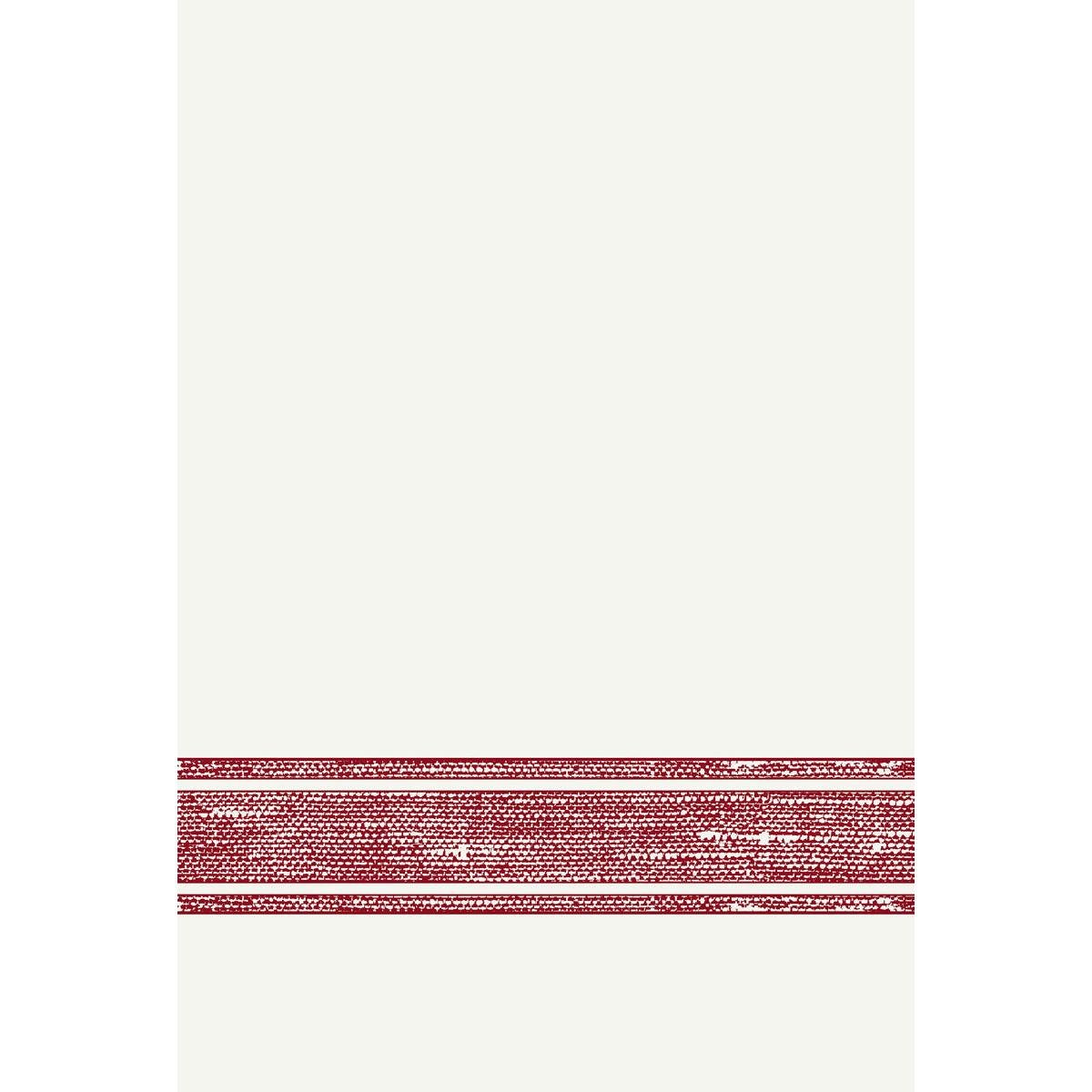Białe tło z trzema równoległymi czerwoną liniami haftowanymi na dole, idealne do wysokiej jakości serwetek lub dekoracji stołu, takich jak serwetki Dunilin 40 x 60 cm 1/4 fałda firmy Duni GmbH.