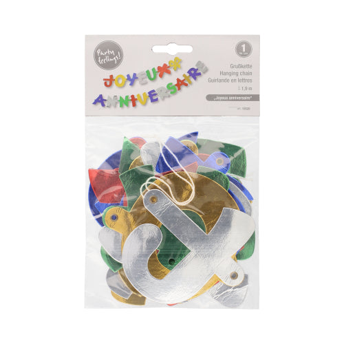 Łańcuch powitalny PAPSTAR GmbH (1,9 m) "Joyeux Anniversaire" to świąteczna, kolorowa girlanda do dekoracji urodzinowej z metalicznymi literami. Dostarczana jest w przezroczystej plastikowej torbie z opisanym wieczkiem.