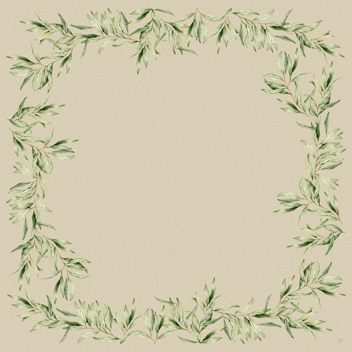 Kwadratowa ramka kwiatowa z zielonymi akwarelowymi liśćmi na beżowym, teksturowanym tle, idealna do prezentacji serwetek Dunisilk 84 x 84 cm Foliage firmy Duni GmbH (opakowanie 20 szt.), z pustym środkiem na Twój tekst lub obrazy.