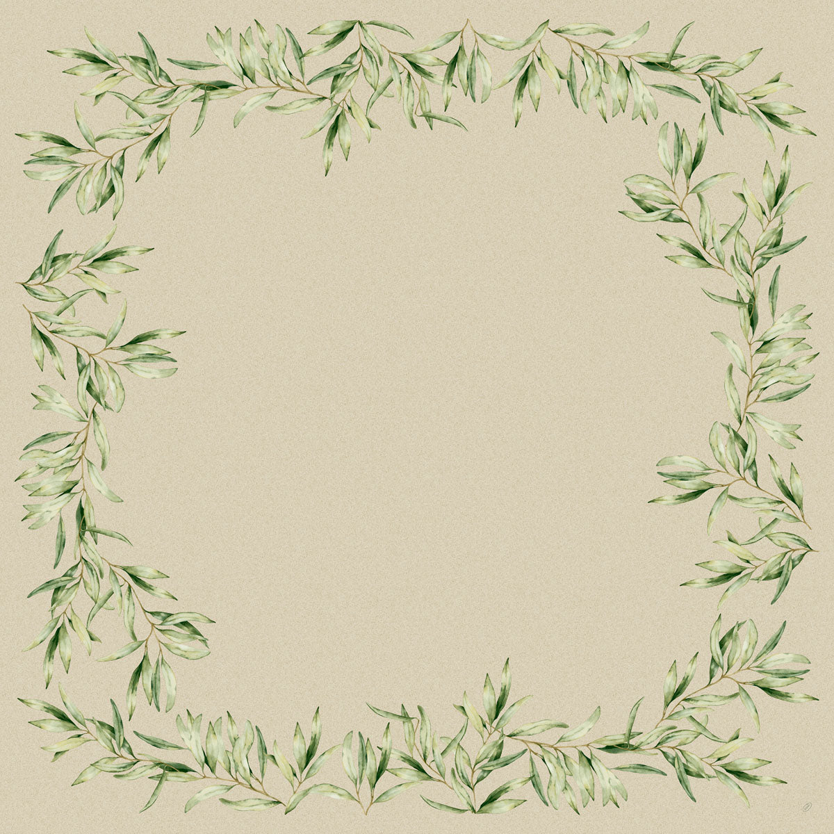 Serwetki Dunicel 84 x 84 cm Foliage od Duni GmbH oferują kwadratową ramkę z akwarelowymi zielonymi gałązkami liści i jasnobeżowym środkiem, idealne do eleganckiej dekoracji stołu. Każde opakowanie zawiera 20 sztuk.