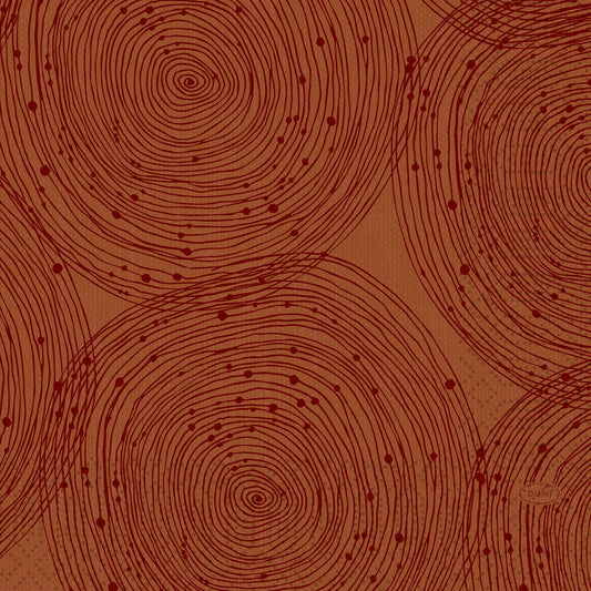 Die Duni GmbH Zelltuchservietten 33 x 33 cm 3lagig 1/4 Falz Earthy (250 Stück) zeigen dunkelrote, sich überlagernde Spiralen und verstreute Punkte auf braunem Hintergrund, die einen abstrakten, strukturierten Look erzeugen.