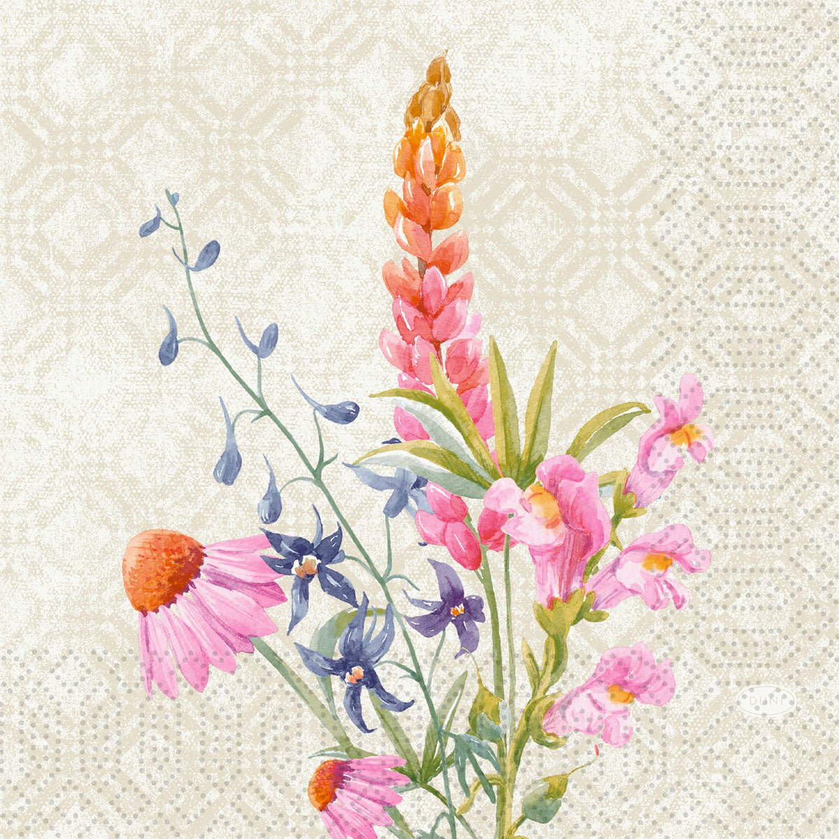 Wysokiej jakości serwetki o wymiarach 33x33 cm firmy Duni GmbH z bukietem akwarelowym Floret z różowymi łubinami, stokrotkami, fioletowymi kwiatami i zielonymi liśćmi na beżowym tle z wzorem. 3-warstwowe. Opakowanie zawiera 50 sztuk: Serw.33x33 Floret 3lg 1/4.