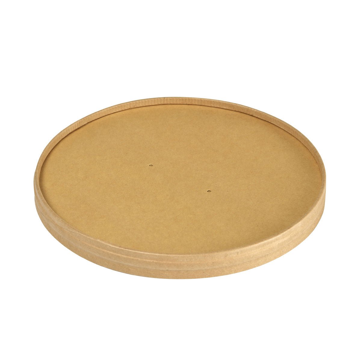 Ekologiczne wieczko kartonowe Ronda WIDE+ od Duni GmbH z brązowego kartonu FSC/PLA (184x184x17 mm, 900/1300 ml) z lekko podwyższonymi krawędziami i dwoma małymi otworami leży na białym tle. Opakowanie zawiera 25 sztuk.